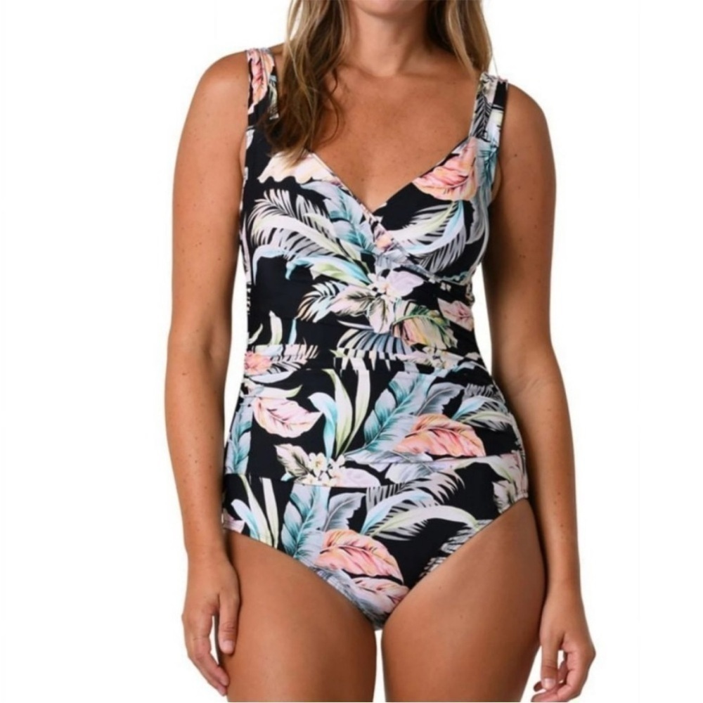 Jantzen Tummy Control Ruched Tropical Floral One Piece Swimsuit Size 6 NWT UPF50